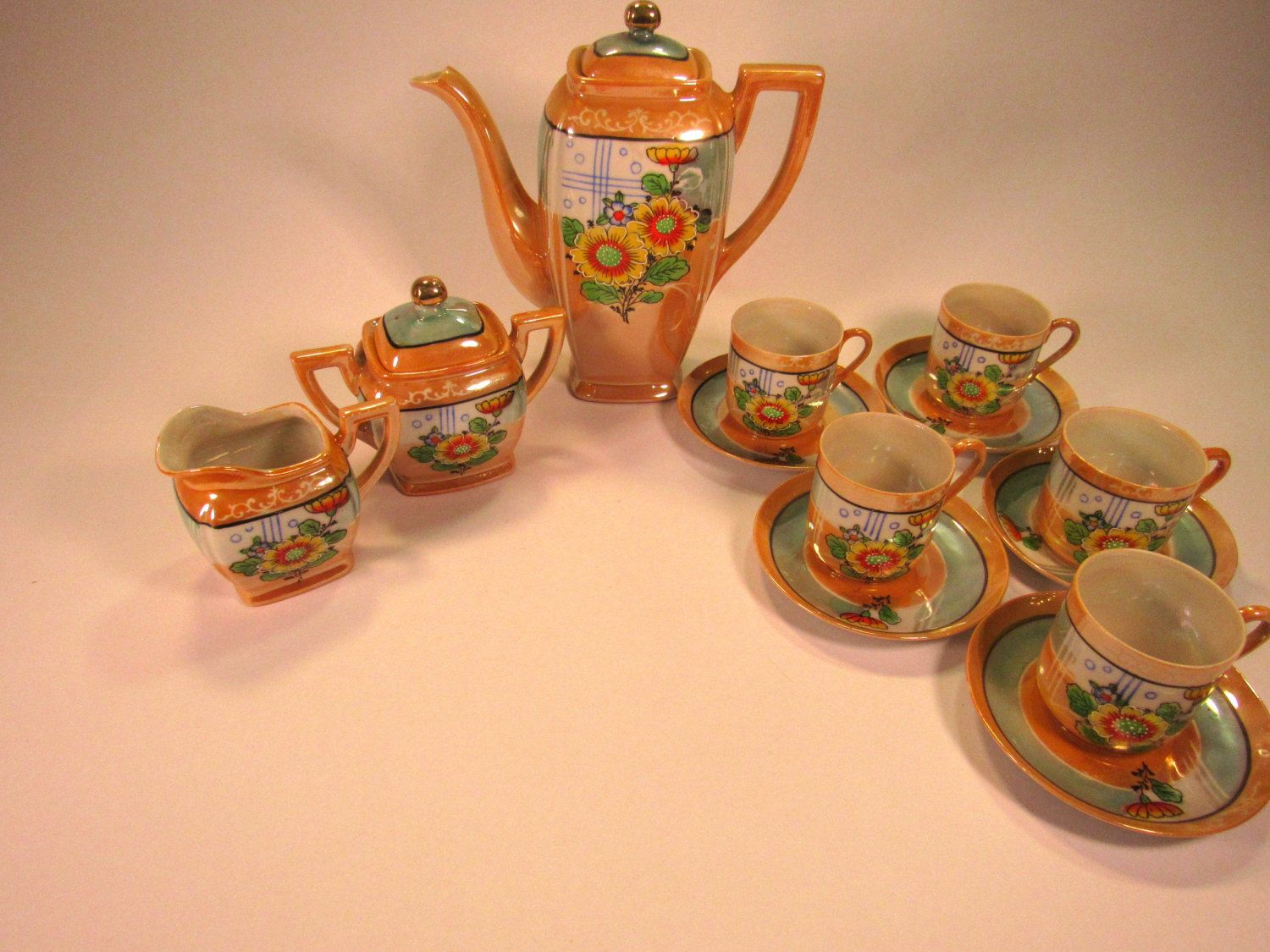 Periwinkle Blue Vintage Japanese Blue Floral Lusterware Hand Painted Teapot Orange
