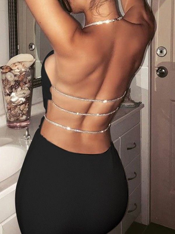 Black Patchwork Sequin Halter Neck Backless Bodycon Fashion Mini Dress