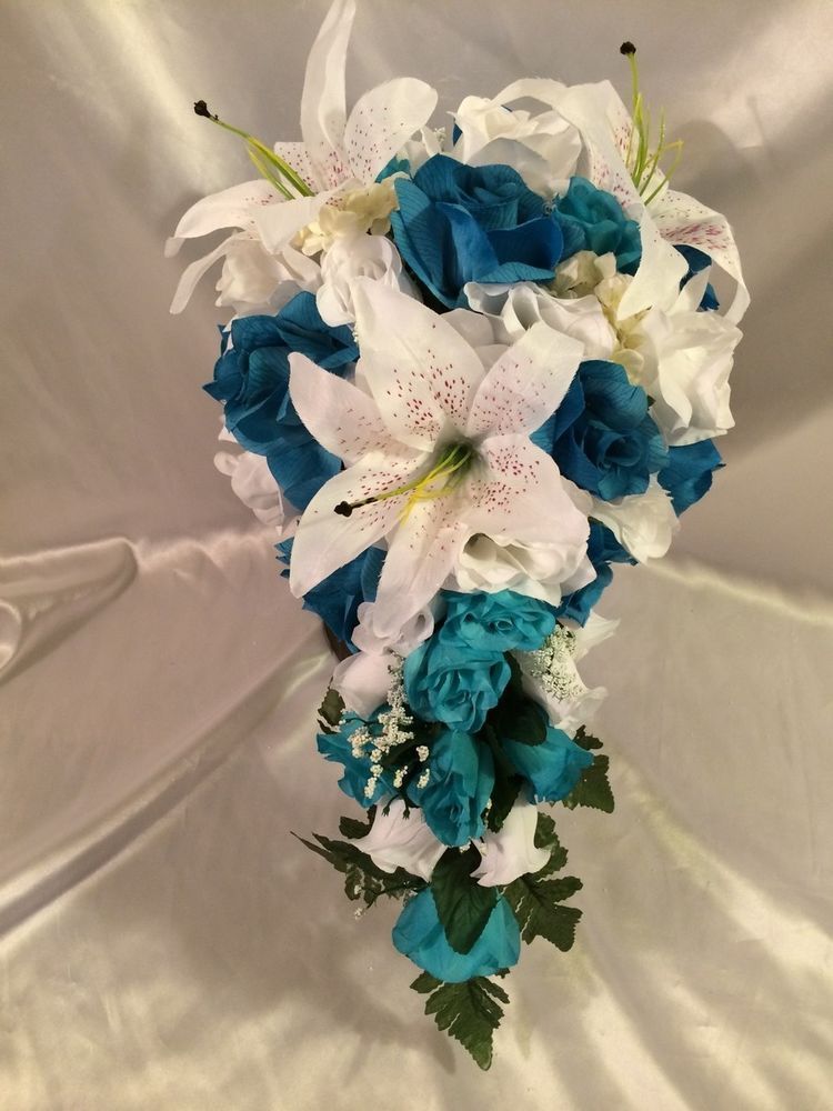 Malibu Turquoise White Silk Flower Wedding Bridal Bouquet Cascade Package