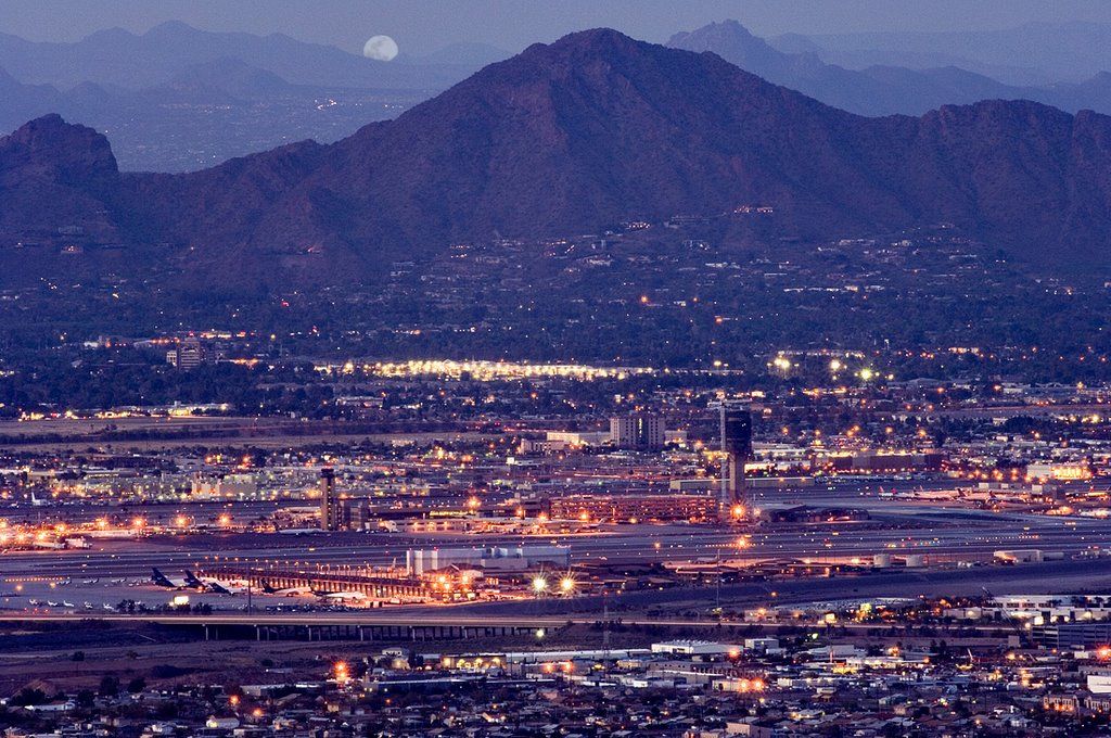 Phoenix Sky Harbor Airport with Camelback Mt. and beyond