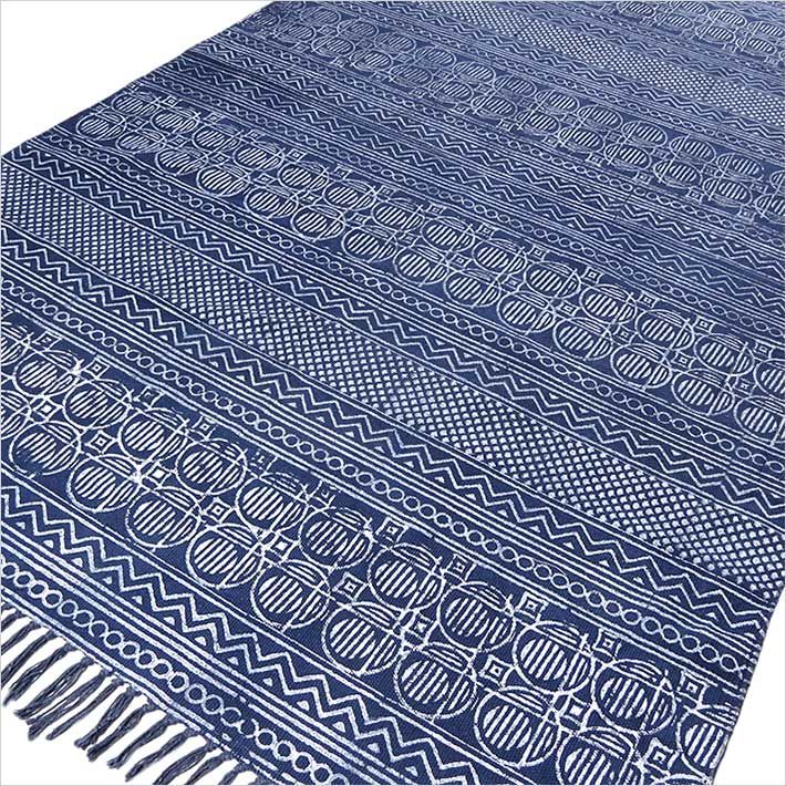 Indigo Blue Cotton Block Print Accent Area Dhurrie Rug Woven Weave Indian Carpet