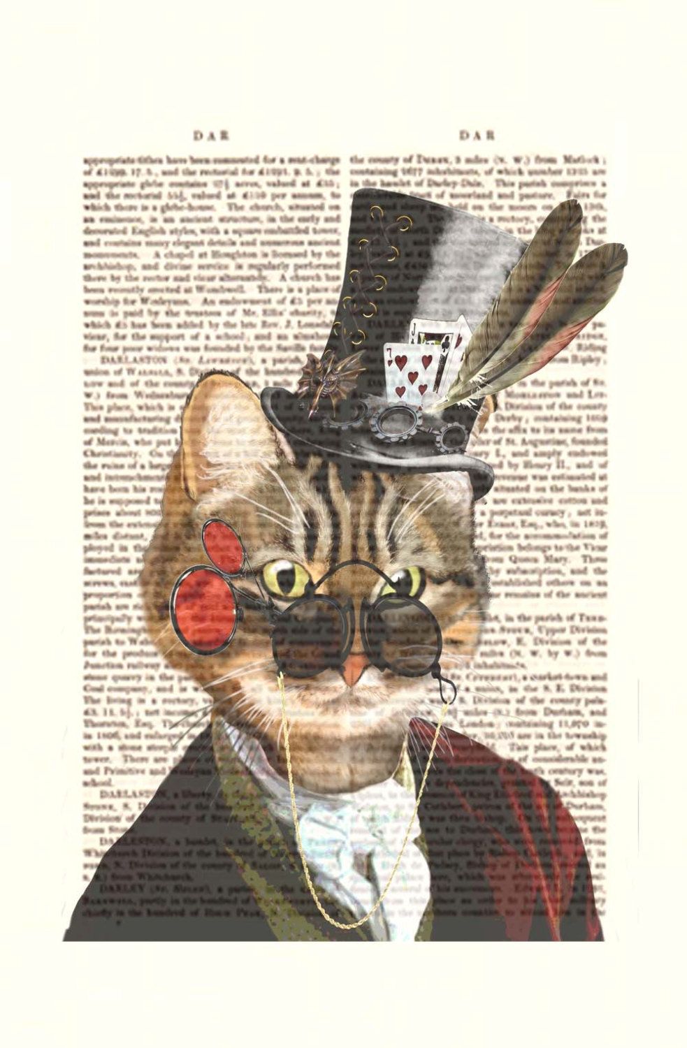 Ginger Cat Print Vintage Dictionary Page Wall Art Picture Animal Wearing Clothes