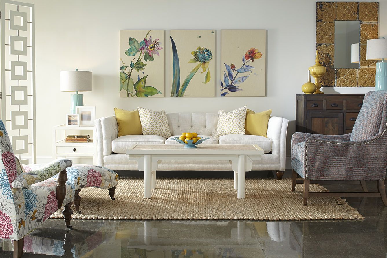 Our Robin Bruce Stevens 92 Sofa In White Balances All The Fun Our Robin Bruce Stevens 92 Sofa In White Balances All The Fun Bright Fl This Room While Still Adding Gorgeous Tufted Detail Work