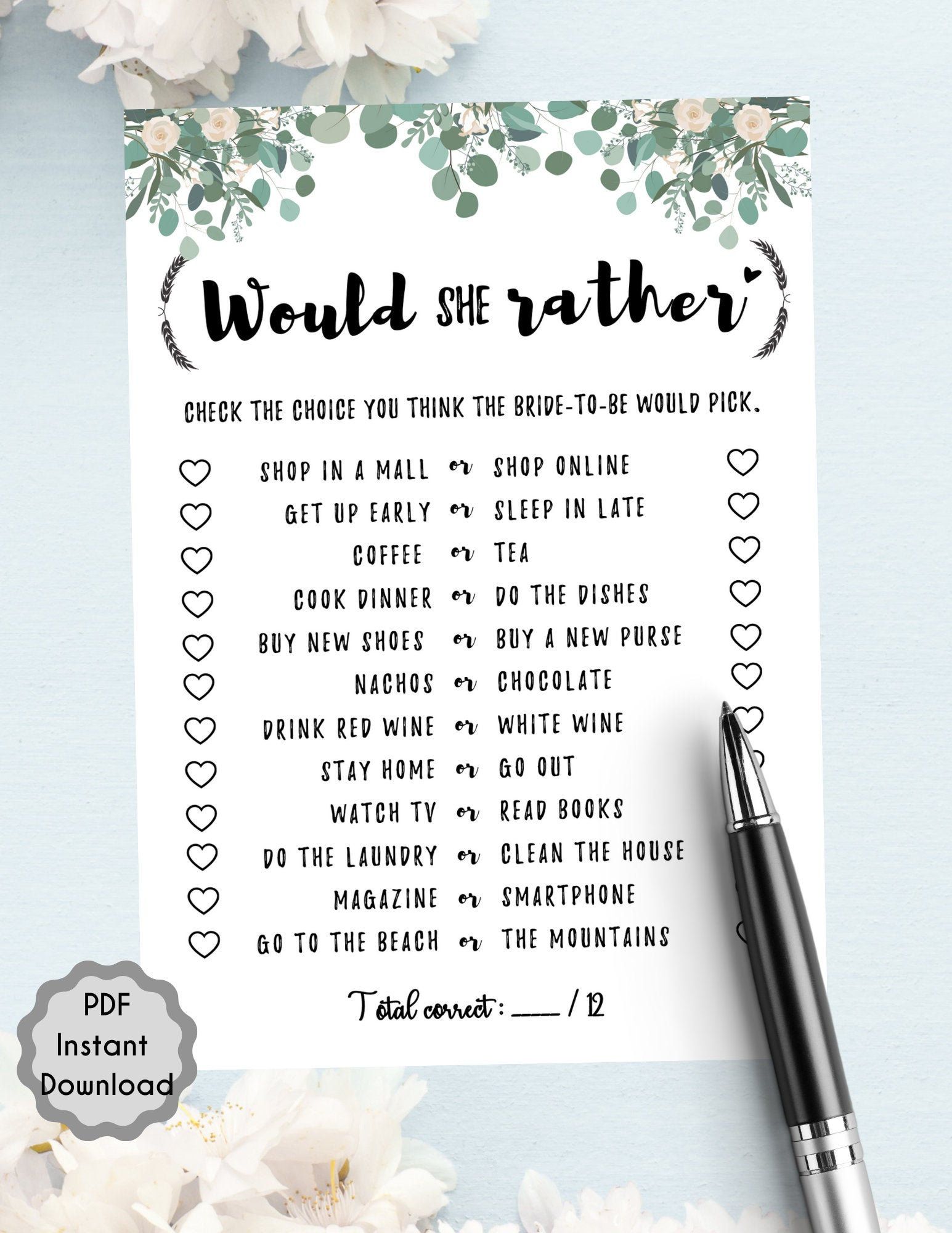 Printable Game INSTANT DOWNLOAD Black White and Pink Watercolor Flowers How Well Do You Know the Bride? Bridal Shower Game