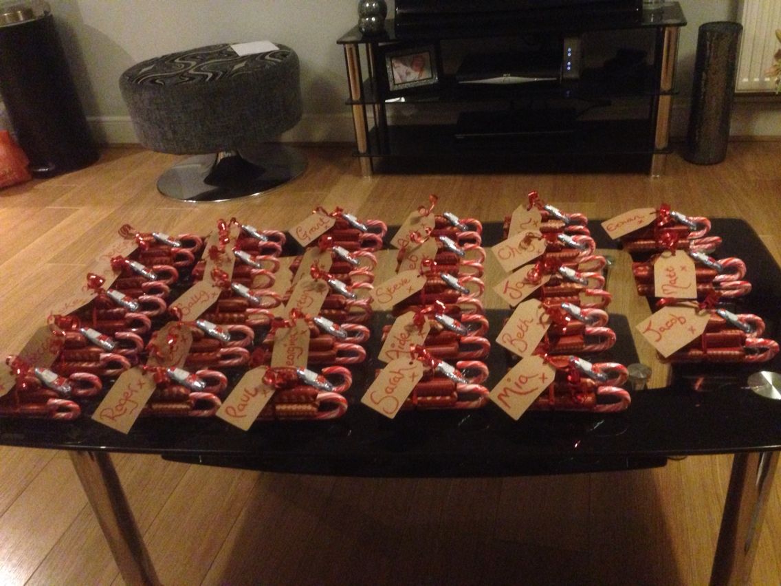 Sleigh table decoration- wrapped up a 4 finger Kitkat, snack size ... Sleigh table decoration- wrapped up a 4 finger Kitkat, snack size ...
