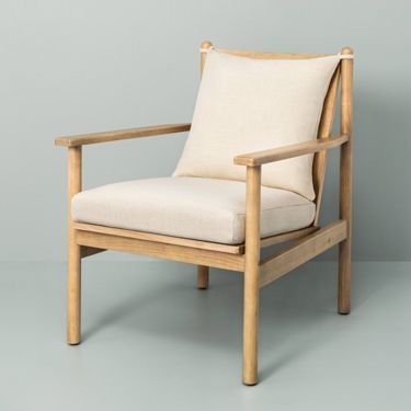 Slatted Wood Accent Chair With Cushions - Hearth & Hand™ With Magnolia : Target Hearth & Hand With Magnolia, Hearth And Hand, Magnolia Living Room, Wooden Armchair, Wooden Chairs, White Cushions, Spring Home, Wood Accents, Comforters Cozy