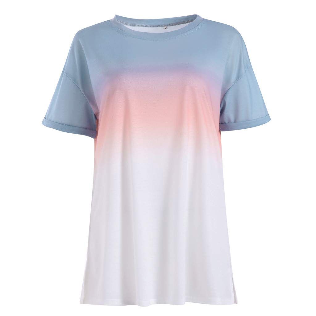 Womens Short Sleeve Color Block Patchwork Loose Fits Shirt Tunic Tops Blouses