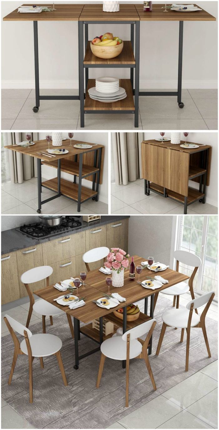 These 12 dining tables are excellent solutions for small spaces - Living in a shoebox Kitchen Table Small Space, Tiny Kitchen, Small Space Living, Folding Kitchen Table, Kitchen Table With Storage, Small Living Dining, Kitchen Ideas, Apartment Dining Room, Dining Room Table
