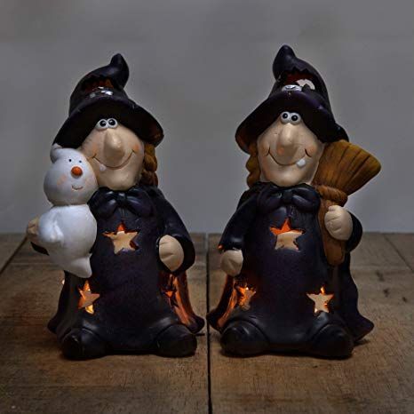 2er Set Halloween Deko Teelichthalter Hexen Schwestern aus Keramik: - Herbstdeko Eingangsbereich tisch basteln fensterbank garten wohnzimmer draussen... - #eingangsbereich #halloween #herbstdeko #hexen #keramik #schwestern #teelichthalter #herbstdekoeingangsbereichdraussen