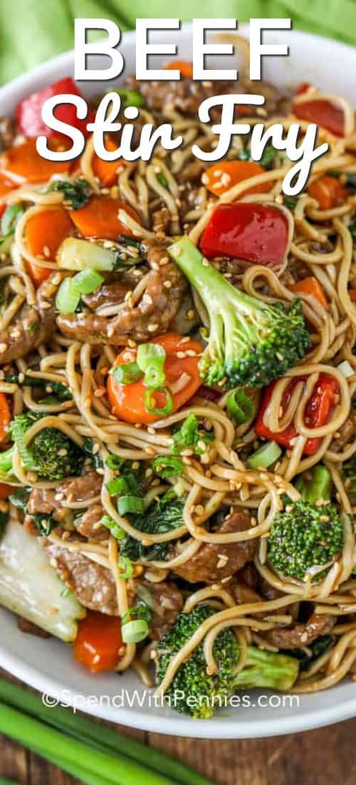 This easy authentic beef stir fry recipe is SO much better than take out. We love making teriyaki beef stir fry when we are entertaining! #spendwithpennies #beef #stirfry #beefstirfry #easybeefstirfry #teriyaki #teriyakibeefstirfry #beefdishes