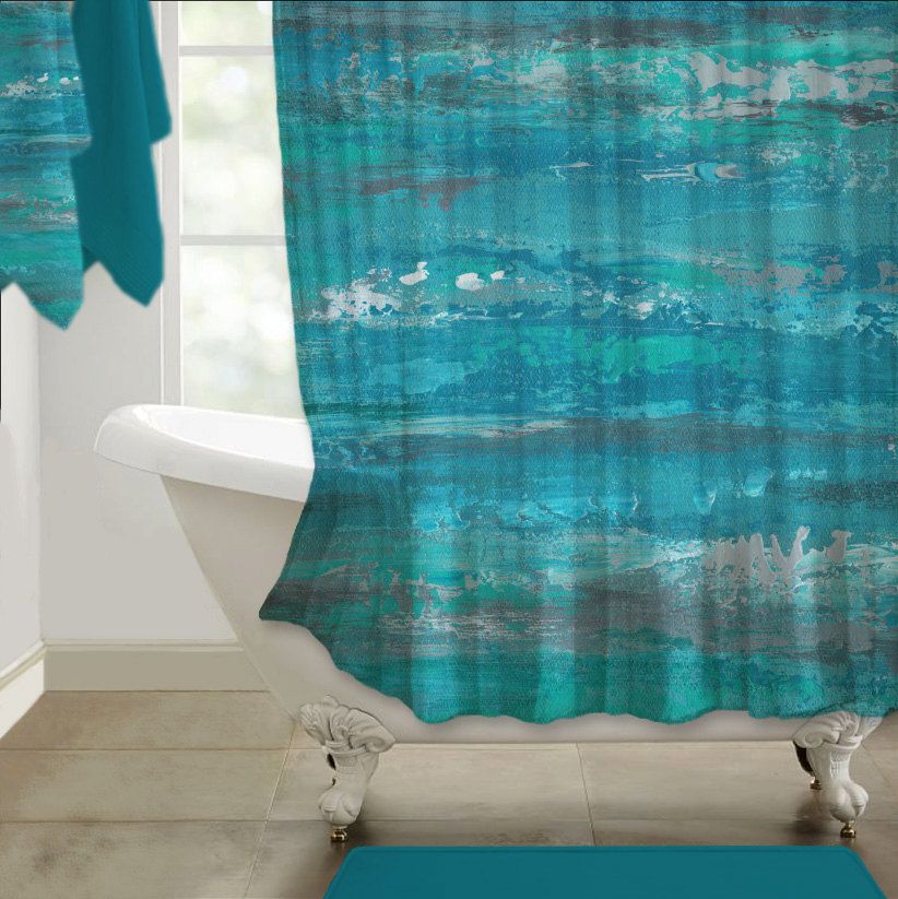 Turquoise gray and teal shower curtain, Modern abstract