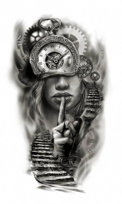 Clock face half sleeve custom tattoo design idea by Tattoo Tailors #tattoodesignsshoulder Tattoos For Women Half Sleeve, Half Sleeve Tattoos Designs, Full Sleeve Tattoos, Tattoo Designs For Women, Tattoo Sleeve Men, Leg Tattoos For Men, Back Tattoo Women Full, Best Leg Tattoos, Full Sleeve Tattoo Design