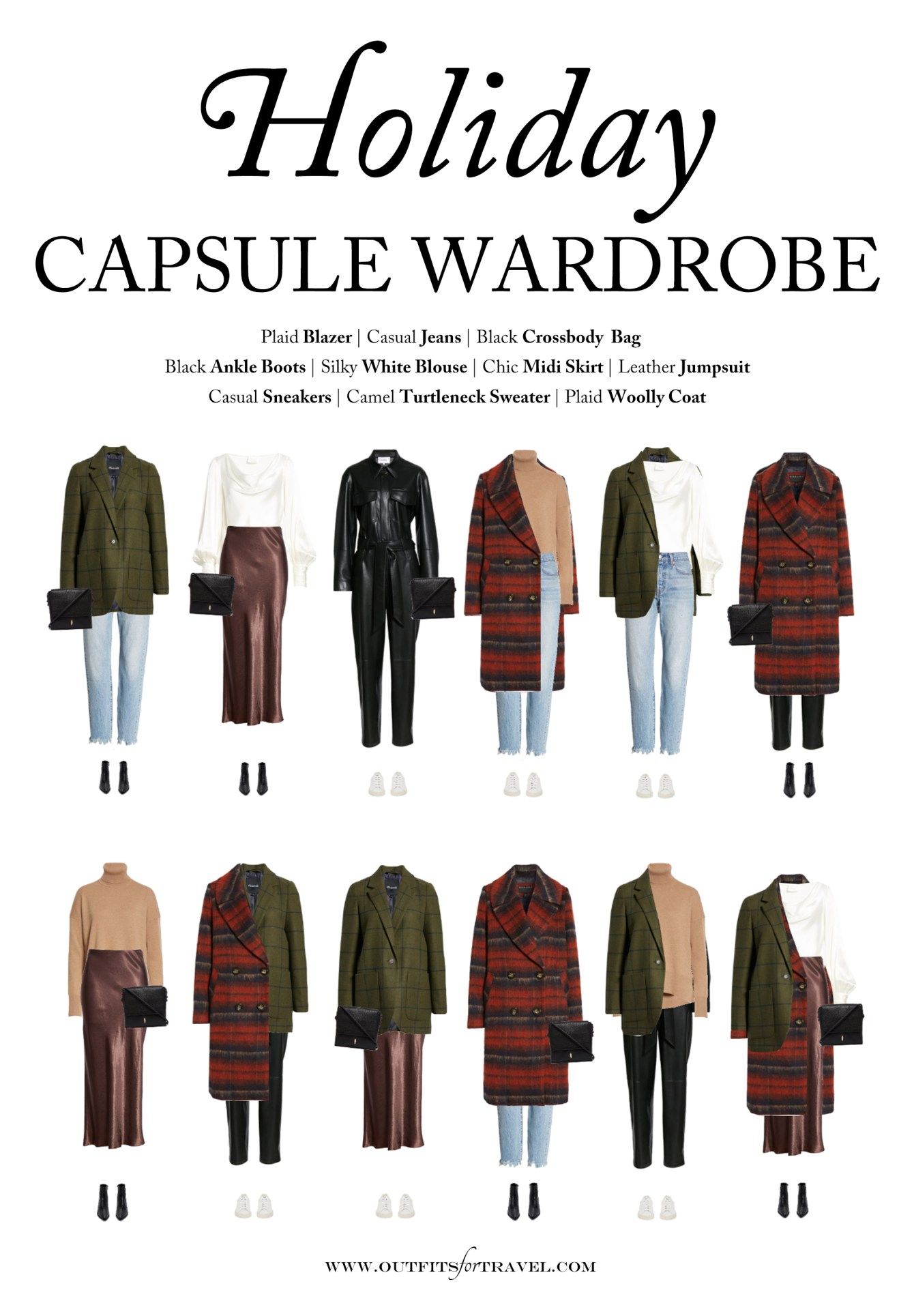 A 10-piece capsule holiday wardrobe for Christmas and the winter season. What to wear for Christmas. Holiday outfit ideas. #festive #holidayoutfits #Christmasoutfits Holiday Outfit Guide, Winter Holiday Outfits, Winter Fashion Outfits, Holiday Outfit Lookbook, Christmas Day Outfit Casual, Christmas Looks Outfits, Holiday Attire, Fashion Top, Woman Fashion