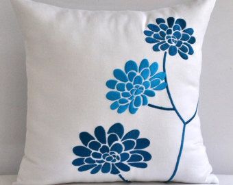 Tree Pillow, Embroidery Pillow White Teal Floral Throw Pillow Cover