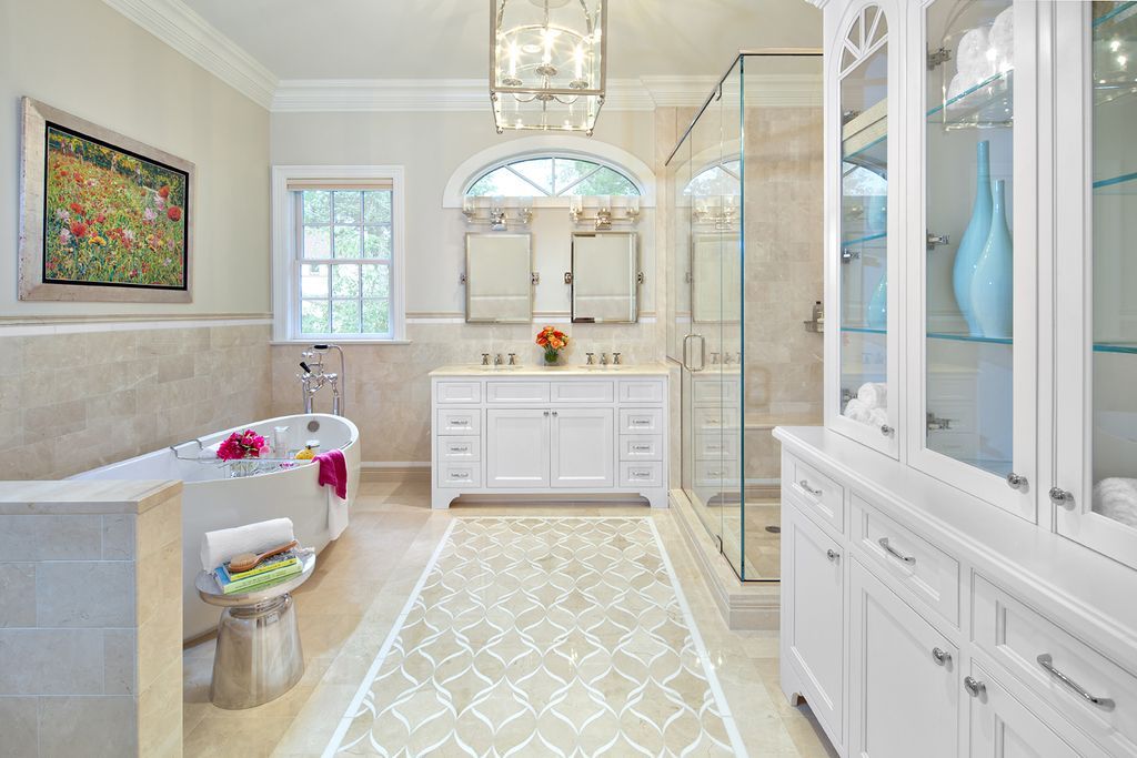 traditional master bathroom modern traditional master bathroom with metropolitan pivoting mirror large sophie pattern tile handheld shower head double sink large traditional master bathroom modern traditional master bathroom with metropolitan pivoting mirror large sophie pattern tile handheld shower head double sink large
