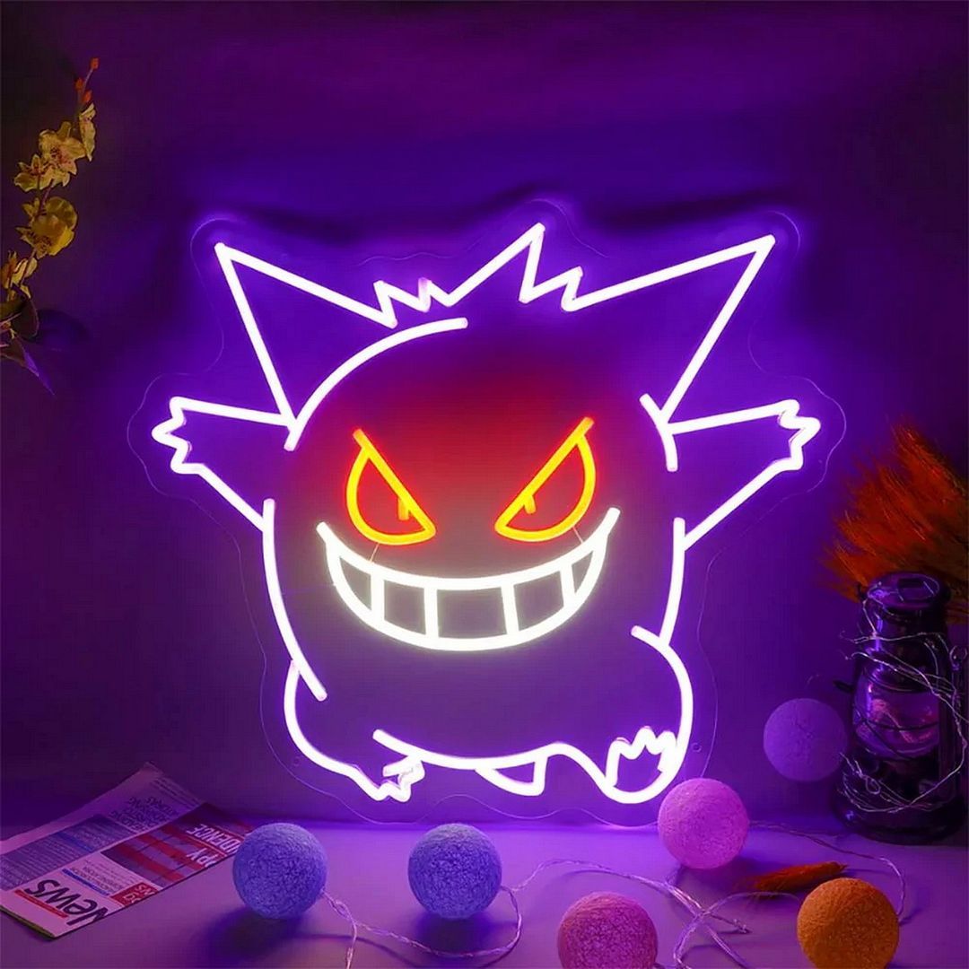 A Neon Sign With An Image Of A Pokemon Face On It s Front And Back a-neon-sign-with-an-image-of-a-pokemon-face-on-it-s-front-and-back