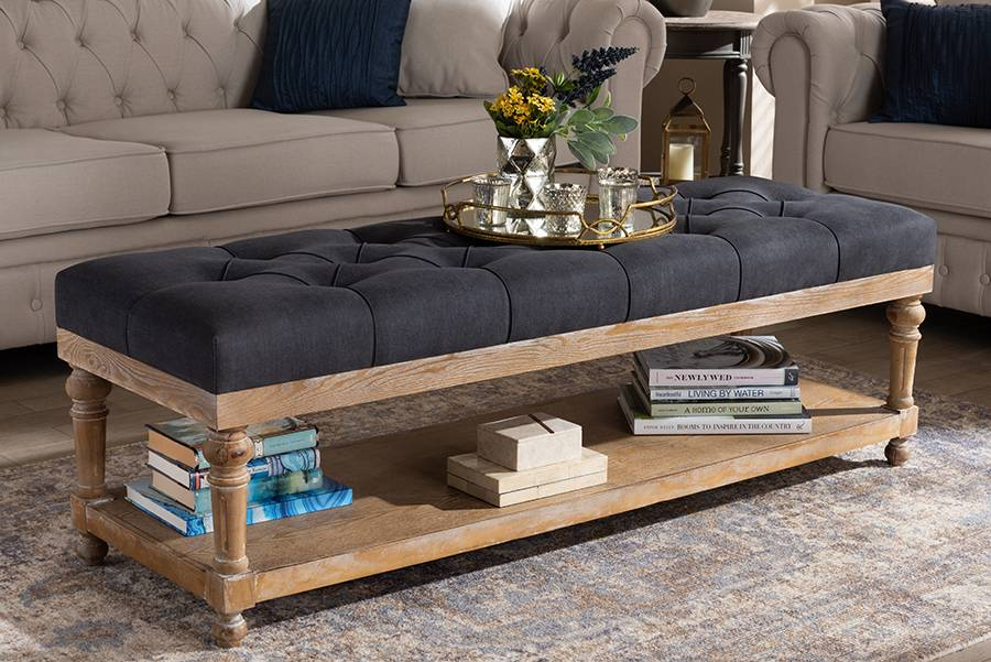 Baxton Studio Linda Modern & Rustic Charcoal Linen Fabric & Greywashed Wood Storage Bench - Wholesale Interiors JY-0003-Charcoal/Greywashed-Bench Wood Ottoman, Upholstered Ottoman, Tufted, Modern Foyer, Modern Living Room, Modern Rustic, New Furniture, Quality Furniture, Modern Linens