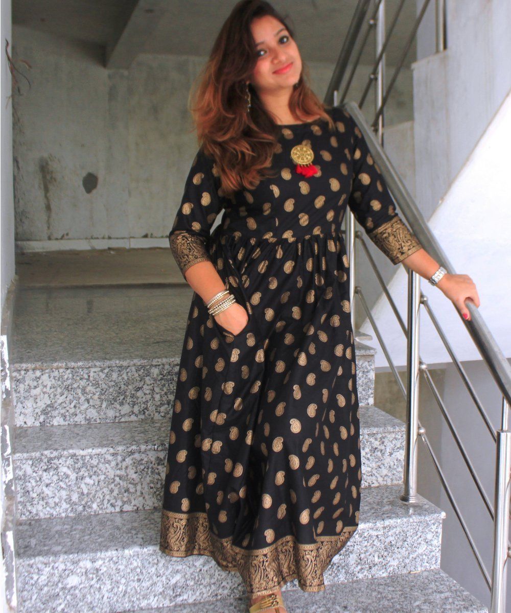 Black Addict Gathered Kurti with Pockets in 2020 | A line kurti, Salwar designs, Kurti