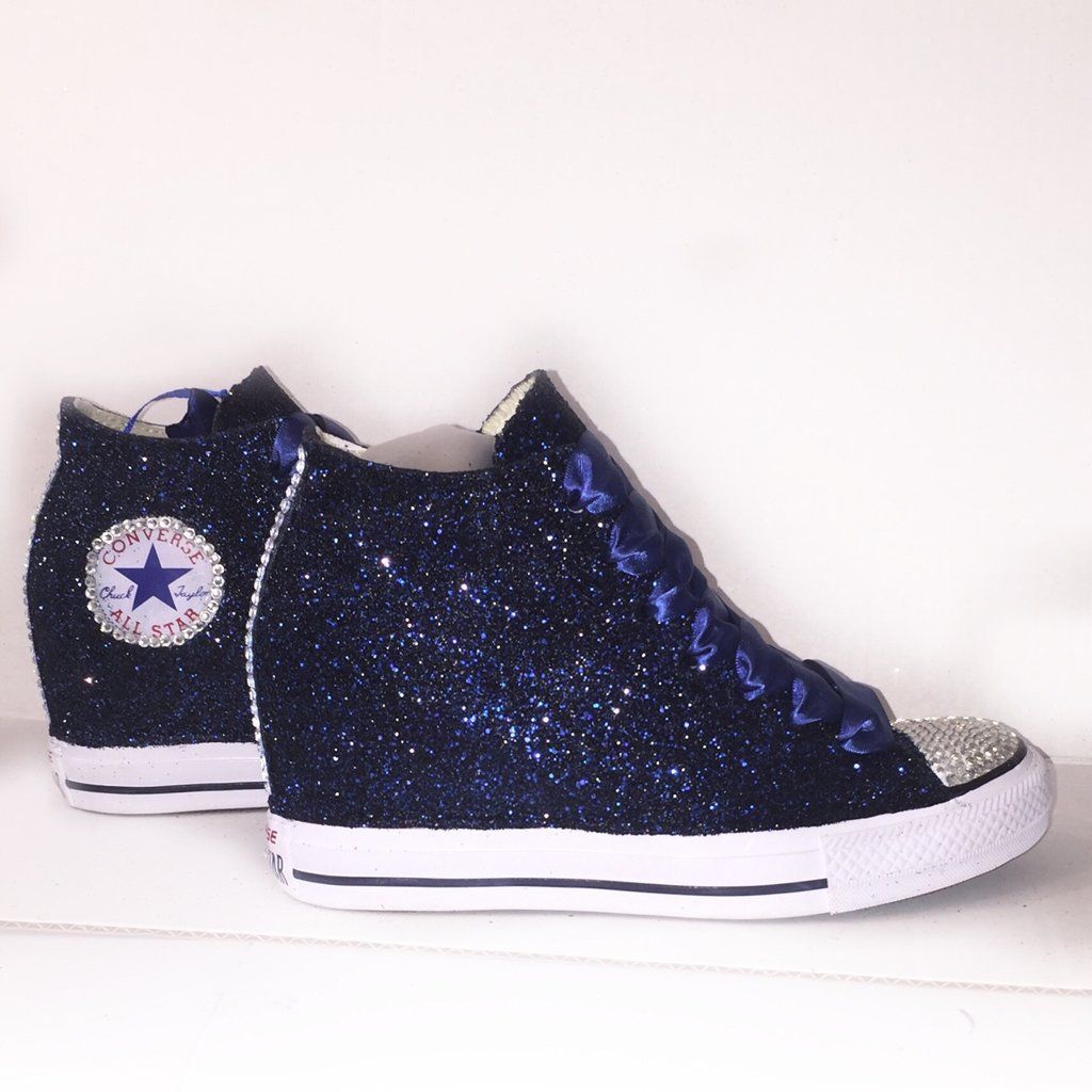 Womens Navy Blue Glitter Converse All Stars High Top Wedge Heel Womens Navy Blue Glitter Converse All Stars High Top Wedge Heel Wedding Bride Bridal Shoes