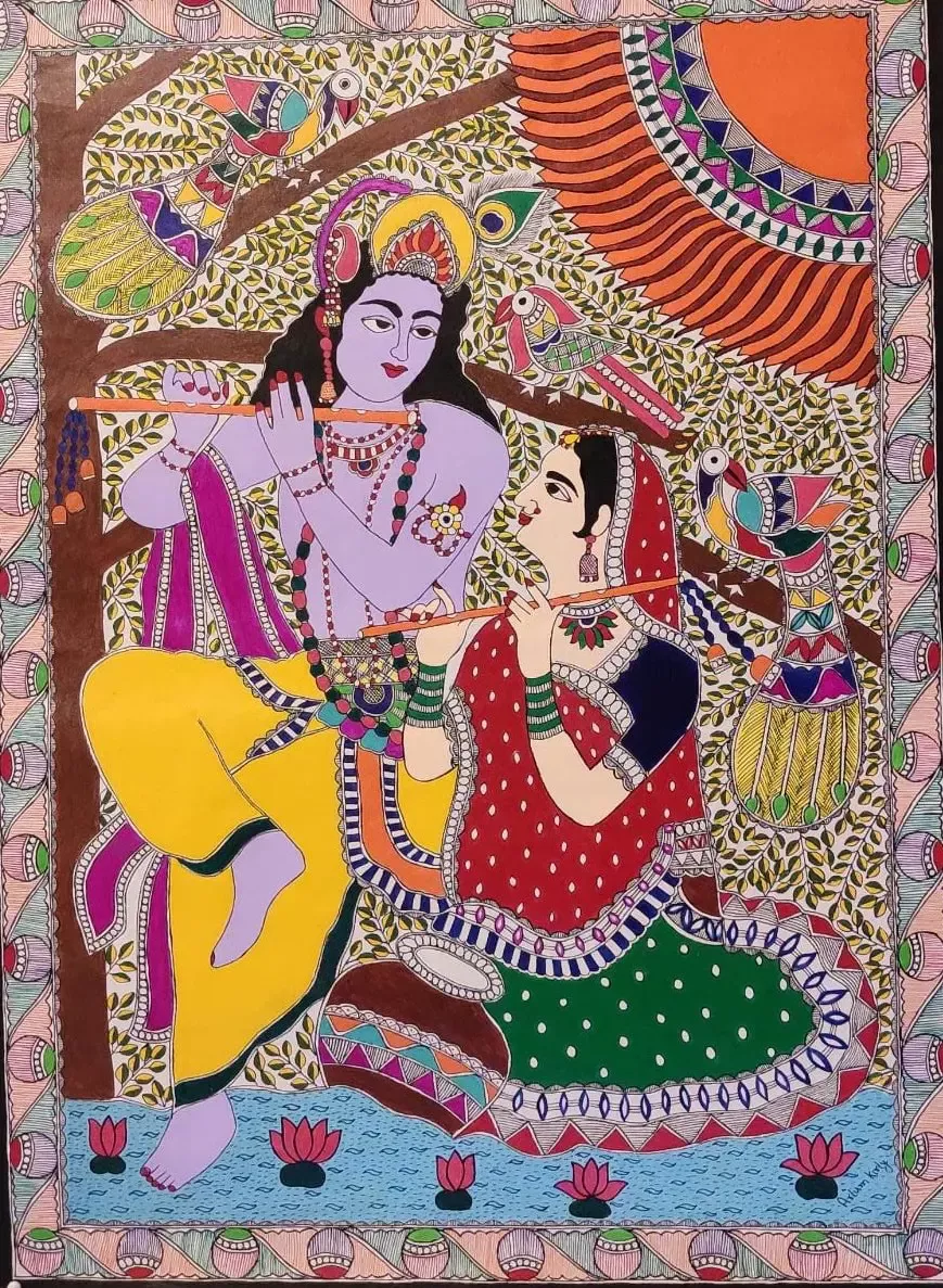 Radha-Krishna - Madhubani painting (22" x 30") - International Indian Folk Art GalleryRadha and Krishna are the epitome of eternal love and sacrifice, transcending eras and emotions. Madhubani Art, Madhubani Painting, Boho Art Drawings, Clay Crafts For Kids, Indian Folk Art, Hindu Art, Traditional Paintings, Indian Paintings, Butterfly Wallpaper
