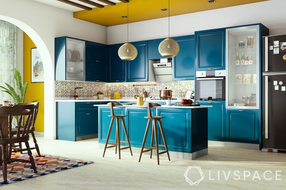 big-bold-kitchen-blue-cabinets Home Interior, Kitchen Interior, Interior Design, Interior Ideas, One Wall Kitchen, Bold Kitchen, Modern Kitchen, Simple Kitchen, Kitchen Shutters