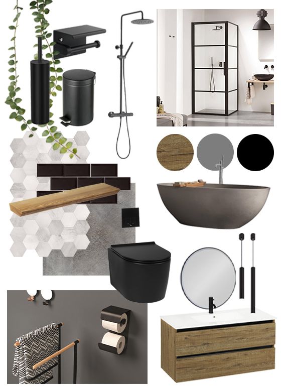 Een industriële stijl in de badkamer wordt steeds populairder en dat is niet voor niks. De robuuste, stoere en strakke uitstraling die wordt gecombineerd met natuurlijke kleuren en materialen zorgt voor een warme en fijne sfeer. Maar hoe creëer je deze stijl? Lees het in onze blog! #industriëlebadkamer #industrial #interieurtrends #zwart #industrieel #badkamertrends #inspiratie #badkamerinspiratie #interieurinspiratie #zwarte #accessoires #trendy Interior Design Boards, Interior Design Mood Board, Home Design, House Interior, Bathroom Design Luxury, Bathroom Style, Bathroom Decor, Interior Design Presentation, Bathroom Inspiration