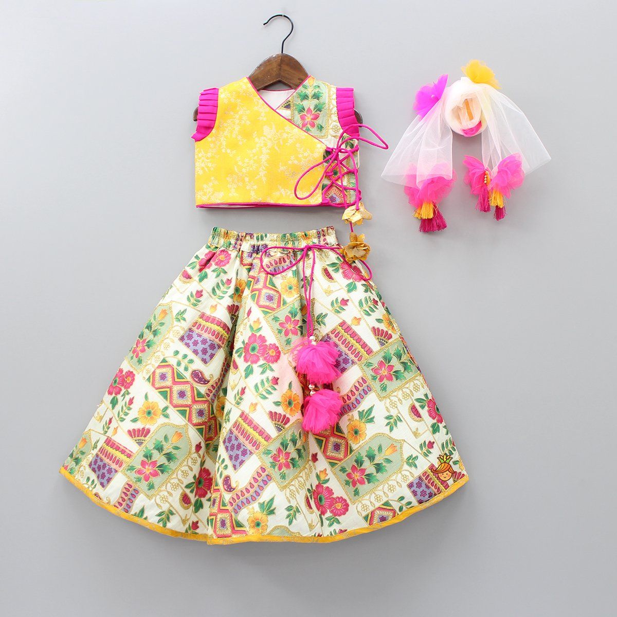 Floral Yellow Top And Ghagra With Dupatta - Price Range is Rs 4000 - Rs 7000 depending on size. Kids Indian Wear, Kids Ethnic Wear, Pink Floral Top, Floral Tops, Kids Party Wear, Kids Wear, Frock Models, Kids Lehenga, Kids Saree
