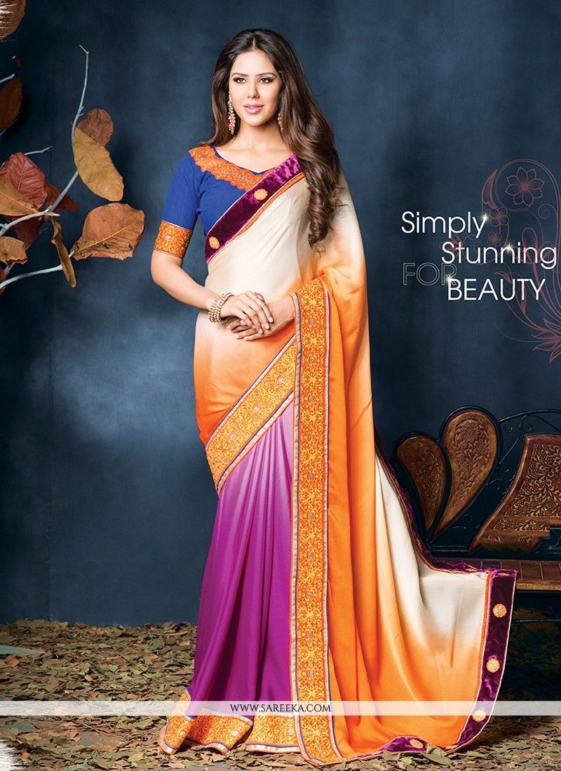 Dazzling Cream And Orange Shaded Designer Saree Multicolor Wedding, Lehenga Style, Satin Saree, Buy Sarees Online, Latest Sarees, Chiffon Fabric, Silk Fabric, Party Wear Sarees, Half Saree