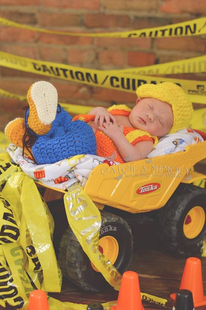 Newborn Construction Outfit with Hard Hat, Orange Safety Vest, Work