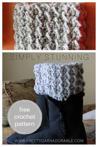Woodland Free Crochet Boot Cuff Pattern Crochet Boot Cuffs Free Pattern, Diy Crochet Gloves, Fingerless Gloves Crochet Pattern, Crochet Cozy, Crochet Boots, Crochet Slippers, Easy Crochet Patterns, Crochet Ideas, Crochet Winter