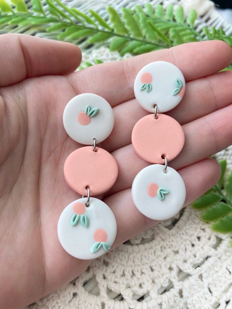 Tan and Peach Brass Charm Polymer Clay Statement Earring