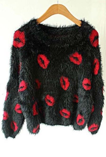 Sheinside Black Long Sleeve Red Lips Print Mohair Sweater Mohair