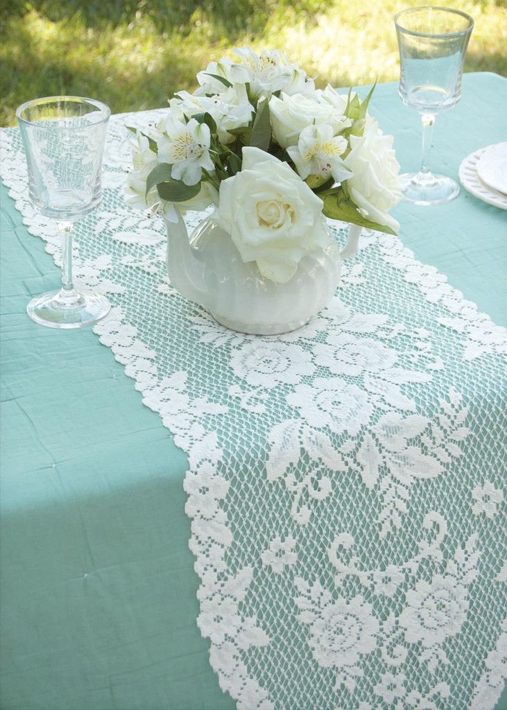 Heritage Lace 14/" x 48/" Tea Rose Table Runner White or Ecru 100/% Polyester