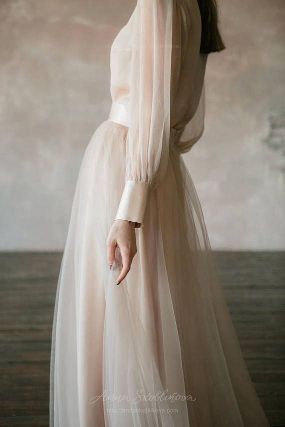 Vintage wedding dress from natural silk and blush tulle skirt. Victorian wedding dress, summer wedding dress, simple wedding dress 0134