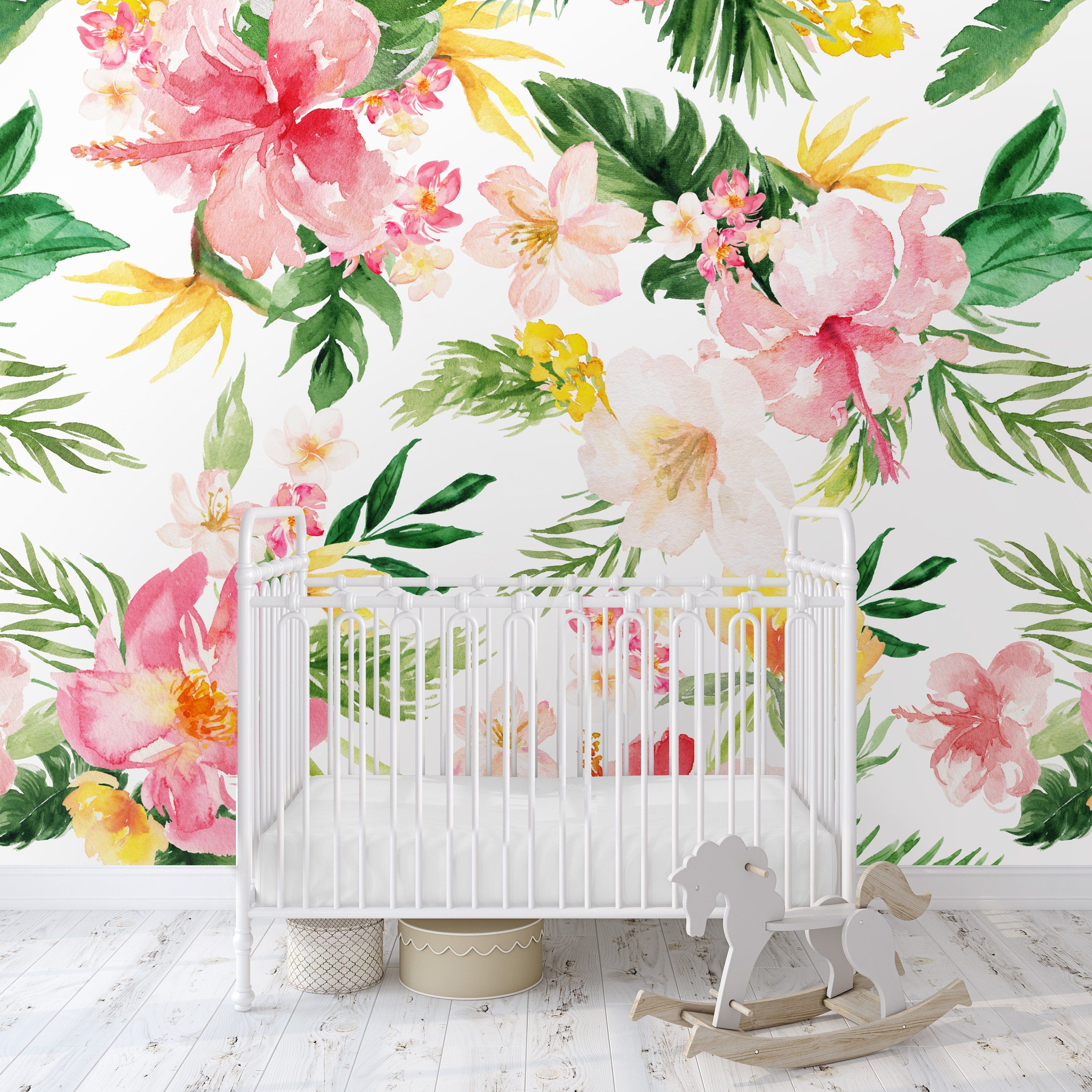 "Hawaiian Luau Tropical Floral Wallpaper / Peel and Stick Removable / Baby Girl Nursery Decor / Large Print / Hibiscus Pink Yellow Green Bring your baby's nursery to life with this gorgeous peel + stick wallpaper! ♥DETAILS♥ ♡Choose your height and overall width for your wall ♡Each panel is 24\" in width; number of panels received depends on your chosen width ♡Design is printed across all panels to create large, seamless mural ♡Made from 100% polyester fabric with an adhesive backing ♡Formaldehyd Floral Wallpaper, Wall Wallpaper, Peel And Stick Wallpaper, Baby Girl Nursery Decor, Tropical Nursery Girl, Nursery Inspo, Nursery Ideas, Baby Room, Room Ideas