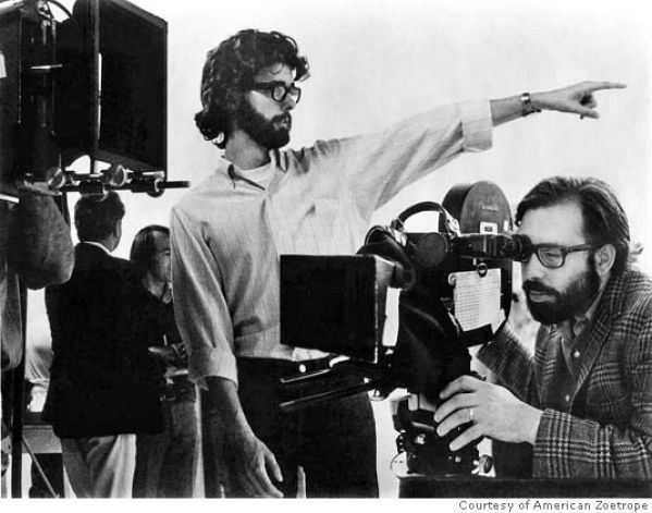 A very young George Lucas and Francis Ford Coppola on set. It's all