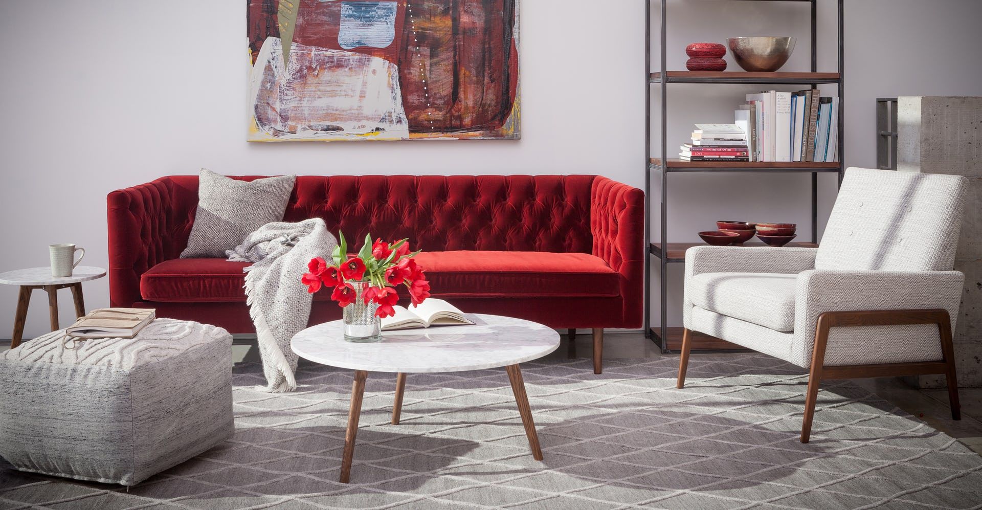 Make an impression. A raised diamond print in soft, thick-piled wool playfully crisscrosses this handcrafted viscose rug. Shop Now! Wooden Floors Living Room, Living Room Red, Red Leather Couches, Red Sofa, Grey Accent Chair, Grey Chair, Mid Century Modern Lounge Chairs, Lake House Decor, Home Decor
