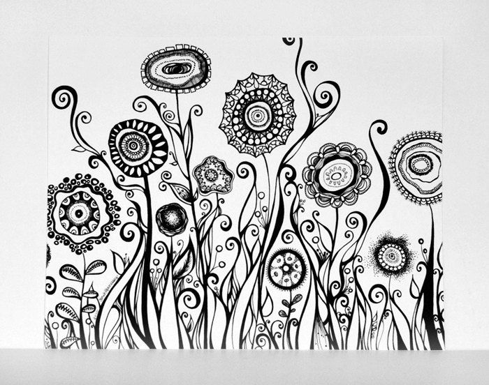 Hand drawn flowers swirling garden 8x10 black and white fine art print modern art pen line drawing abstract botanical illustration Hand drawn flowers swirling garden 8x10 black and white fine art print modern art pen line drawing abstract botanical illustration