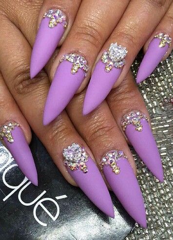 Spring Purple Matte Rhinestone Glance Stiletto Nails Design