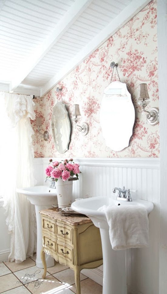 French Country Style Bathroom With Toile Wallpaper And Scalloped French Country Style Bathroom With Toile Wallpaper And Scalloped Mirrors Over Dual Pedestal Sinks Design Ideas Home Decor Lampsplus