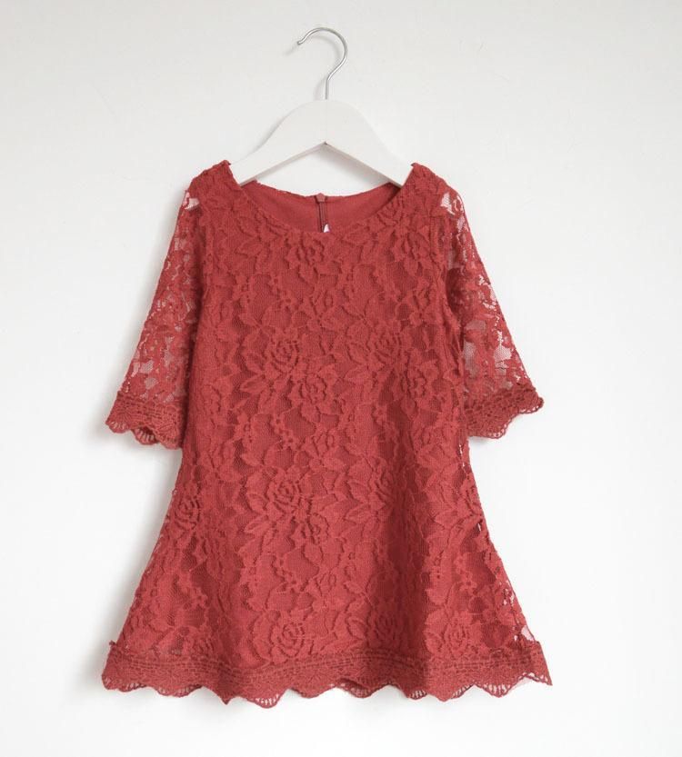 Hot sale! 2016 New Fashion Korean Children Clothing Beautiful White Girls Full Lace Dress Princess Mini Dresses Kid Baby Clothes - Bordeaux / 6