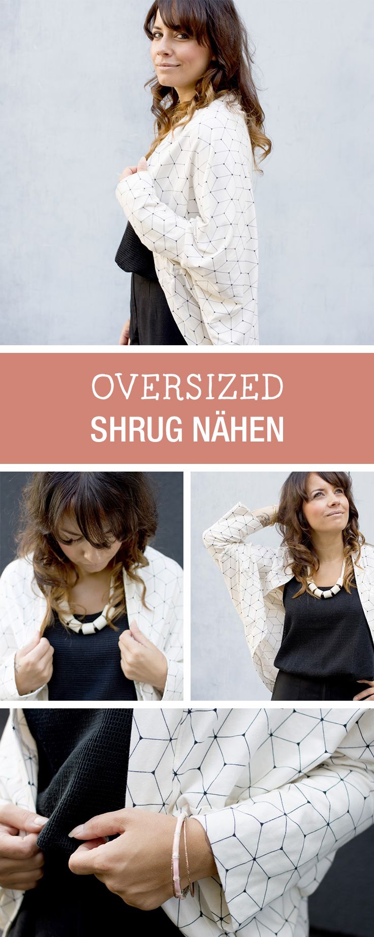 DIY-Anleitung: trendigen Oversized Shrug für den Herbst nähen, bequemer Cardigan / DIY-tutorial: sewing trendy oversized shrug for autumn season, casual cardigan via DaWanda.com Diy Clothes Kimono, Diy Kimono, Clothes Upcycle, Sewing Clothes, Sewing Tops, Patterned Cardigans, Casual Cardigans, Diy Cardigan, Poncho Diy
