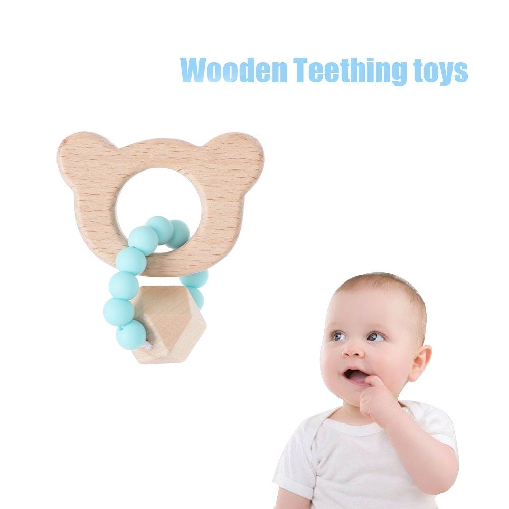 2pcs Baby Natural Wooden Teether Rattle Teething Ring Car Developmental Toys