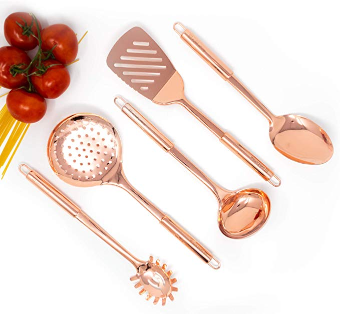 Copper Cooking Utensils for Cooking/Serving, Rose Gold Kitchen Utensils -Stainless Steel Copper Serving Utensils Set 5 PCS-Copper Ladle, Serving Spoon, Pasta Serving Fork, Spatula, Kitchen Skimmer