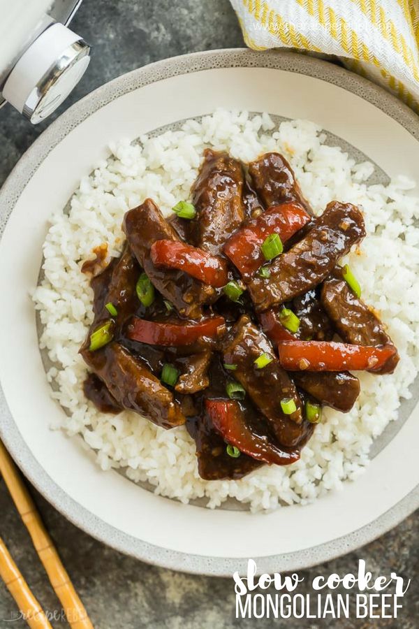 This Slow Cooker Mongolian Beef is so quick and easy -- throw everything in the crockpot and let it cook! Tender strips of steak, covered in a rich, dark sauce full of Asian flavours with a touch of sweetness. #slowcooker #crockpot #beef #mongolian #asian #chinese Crockpot Recipes Beef, Crockpot Dinner, Meat Recipes, Slow Cooker Recipes, Asian Recipes, Cooking Recipes, Chinese Recipes, Chinese Food, Gourmet