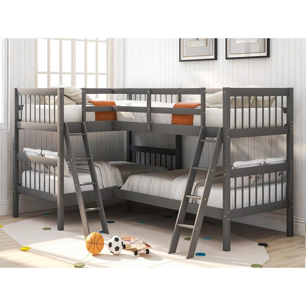 This is a versatile, mission style bunk bed. Constructed of pine these beds are both stylish and durable. These beds are perfect for your family, sleepovers or your extra guest sleeping at your lake house getaway. High-quality, solid pine legs and a strong, durable frame ensures stability and durability for long-term use, and can be separated into two L-Shaped Beds. Slat kit included so box springs are not required. This bunk bed is designed with a clean silhouette and a hue of elegance. It suit Corner Bunk Beds, Bunk Bed Loft, Bunk Bed With Trundle, Kids Bunk Beds, Twin Bunk Beds, Bunk House, Adult Bunk Beds For Small Room, Lake House Bunk Rooms, Diy Bunkbeds