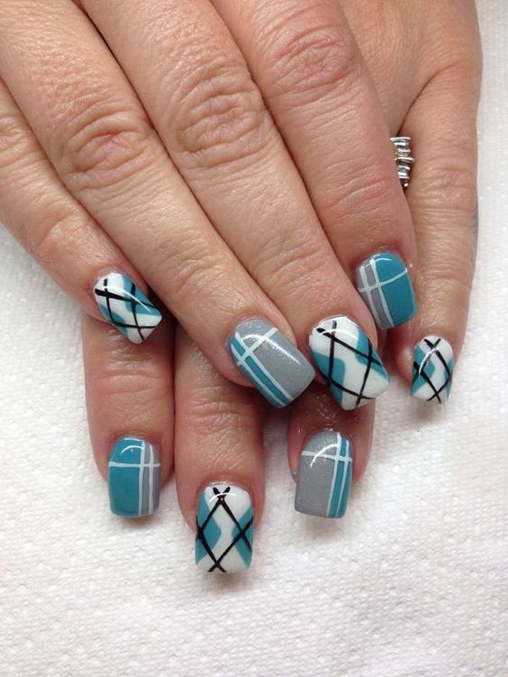 35 Gingham And Plaid Nail Art Designs Plaid Nails, Nail Pics And A cute and quirky looking plaid nails art design. The fresh color combination of white, green blue, gray and black colors are visually appealing and simply ... - 35 Gingham And Plaid Nail Art Designs Plaid Nails, Nail Pics And