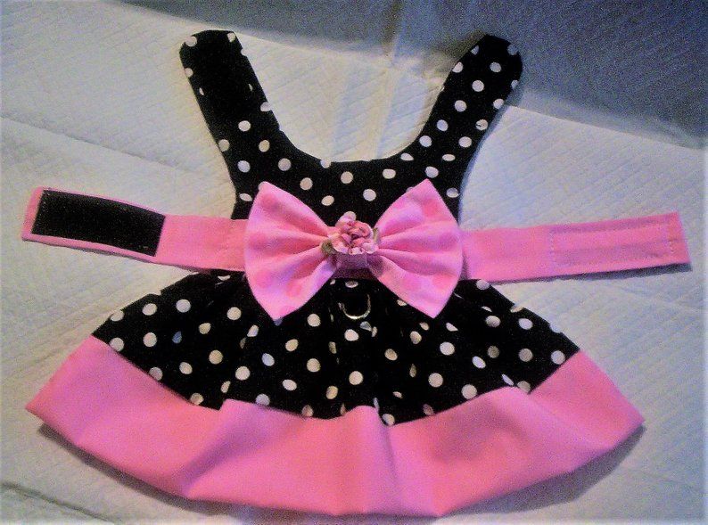 Pink Banded Polka Dot Dog Harness Dress Xxxs Xxs Xs S M Dog