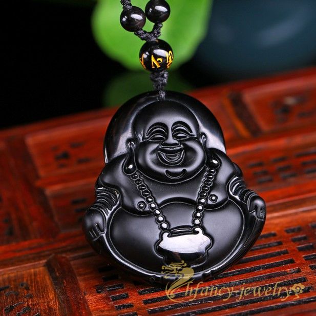 Beads Natural Black Obsidian Hand-Carved Lucky Buddha Amulet Pendant