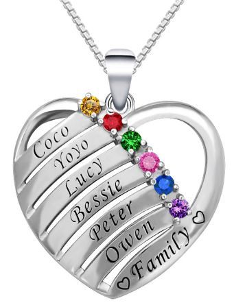 Personalized Birthstone Heart Pendant Necklace in Sterling Silver Engraved with Any Name or Message